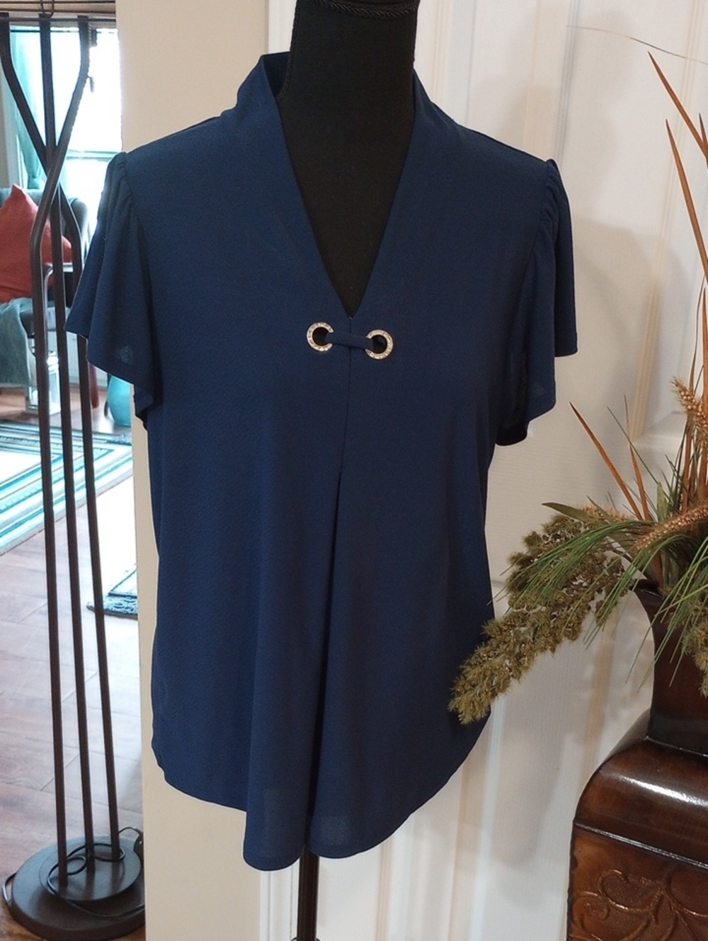 Women's Navy V-Neck Blouse with Decorative Ring Accent